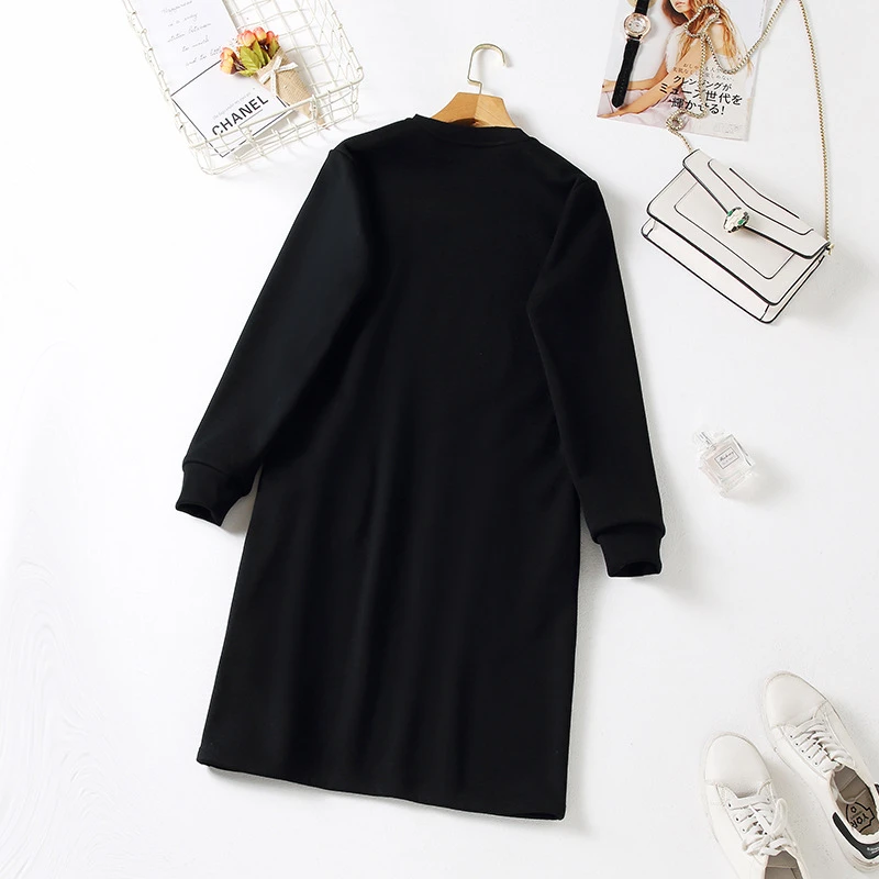 

Winter Black Casual Dresses For Women O-neck Long Sleeve Straight Sequined Korean Oversized Loose Dress Plus Size 3xl 4xl 5xl