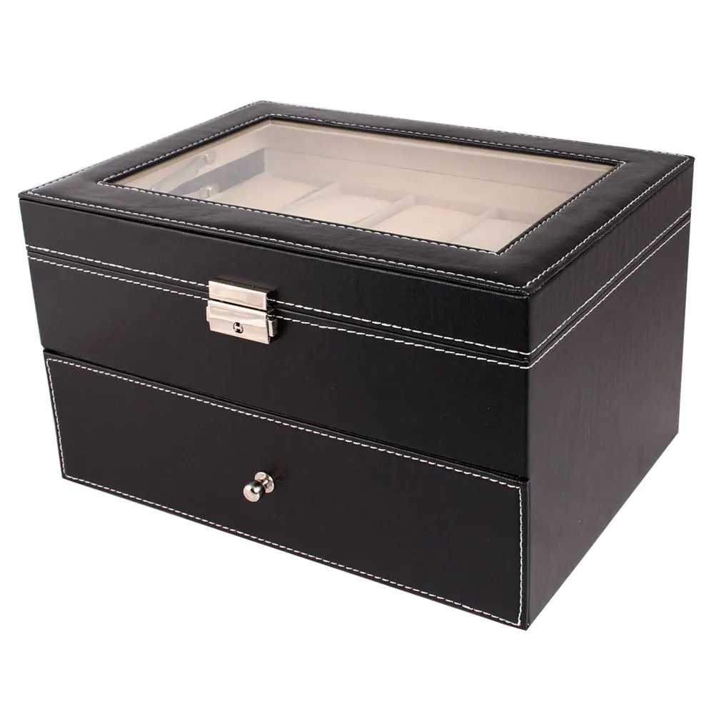 

20 Compartments Dual Layers Elegant Wooden Watch Collection Box Black HUG-Deals