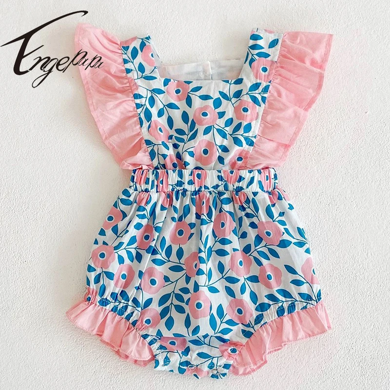 

Engepapa Summer Baby Girl Bodysuits Cotton Flying Sleeve Flowers Infant Baby Girls Jumpsuit Newborn Baby Girls Clothes