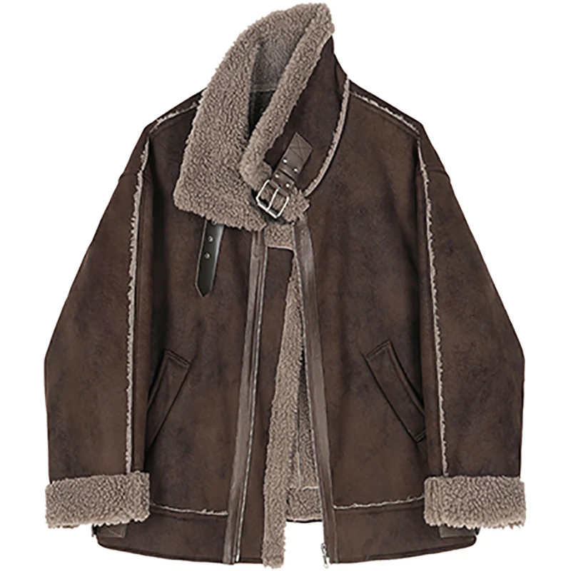 

2021 Women's Fur Jackets Belt Zippers Loose Warm Lamb Wool Winter Vintage Thickened Locomotive Lapel Female Chic Motorcycle Coat