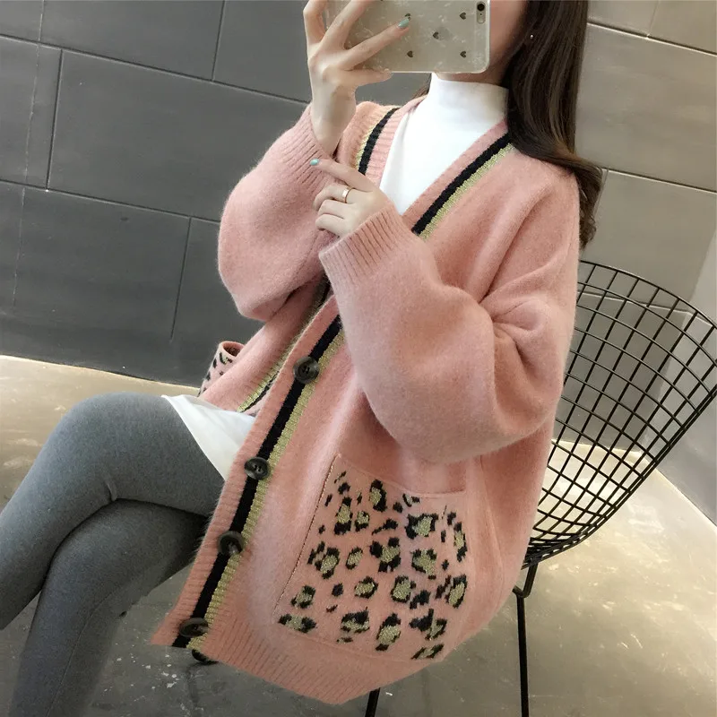 

Зима 2021 вязаный женский свитер и кардиган с леопардовым карманом, свободная теплая женская верхняя одежда, длинное пальто, топы