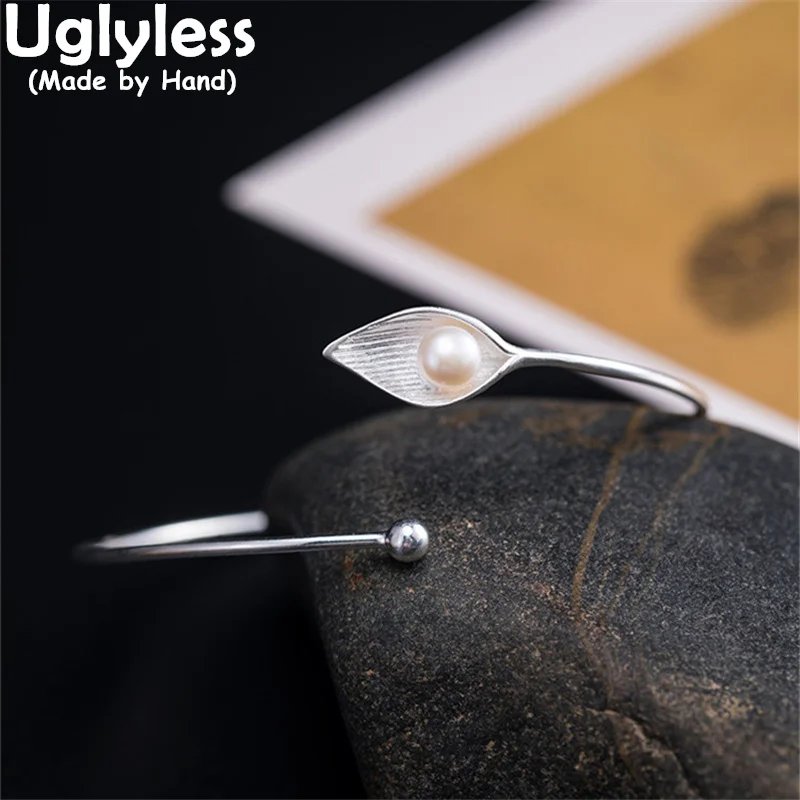 

Uglyless Elegant Calla Lily Flower Bangles for Women Natural Pearls Jewelry Solid 925 Silver Floral Bangles Glossy Silver Bijoux