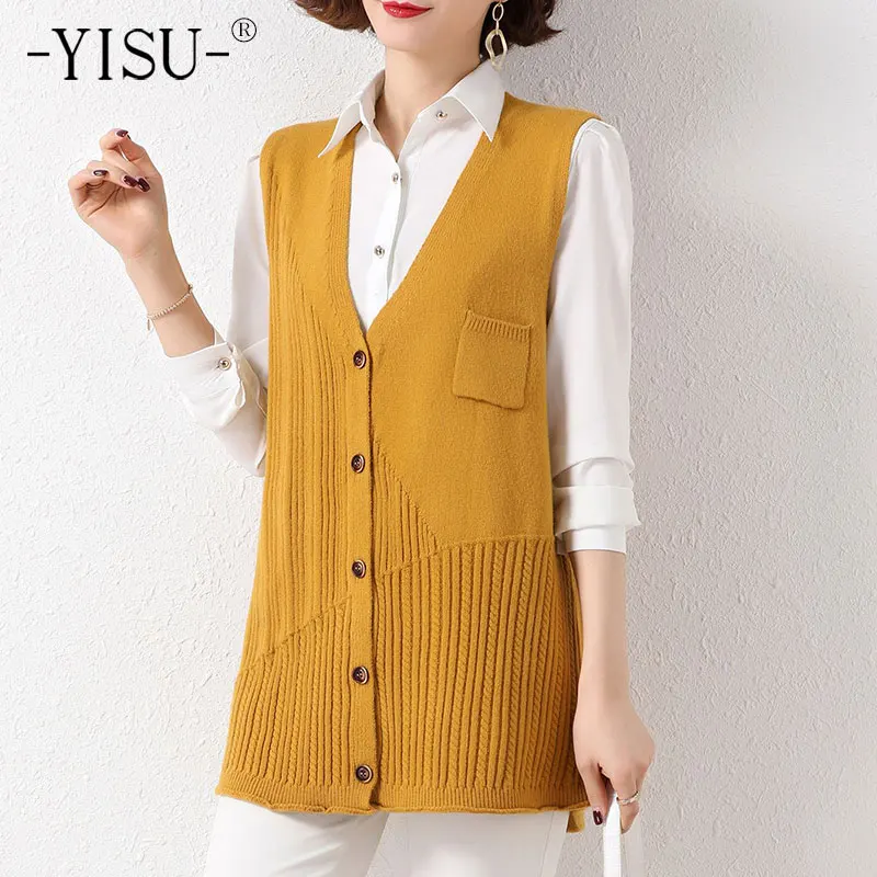 

Длинный женский свитер YISU, весенний кардиган без рукавов, однотонный весенний Топ на пуговицах с V-образным вырезом, Женский Повседневный вя...