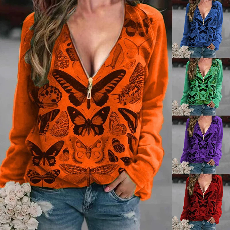 

Женская футболка с принтом бабочек, Повседневная Свободная футболка большого размера с V-образным вырезом и длинным рукавом, пуловер на мол...
