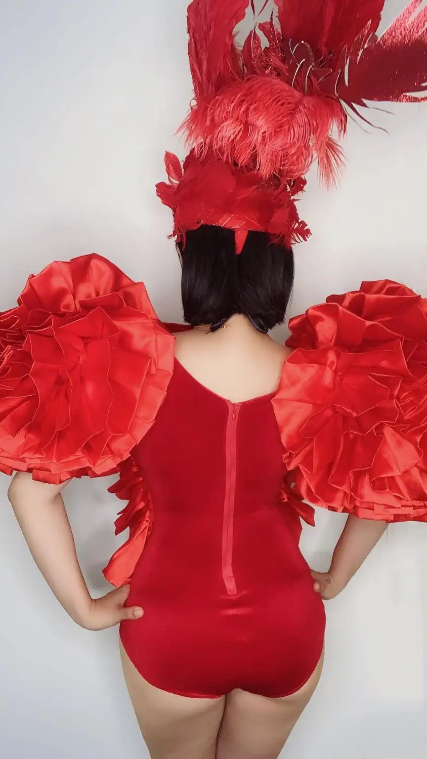 

Women Singer Stage Performance Red Hollow Out Bodysuit Lantern Sleeve Birthday Celebrate Bodysuits Sexy Nightclub Show Costume