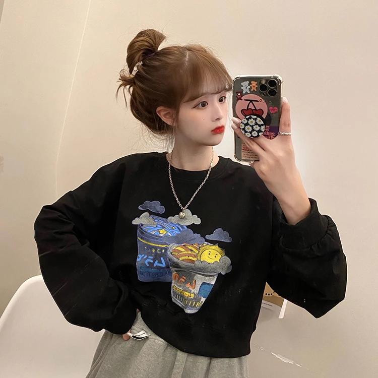 

Loose Print Japan Style Casual Ins Pullovers Crop Top Women's Clothing Autumn Hoodies Fashion Brand Print Sweatshirts New