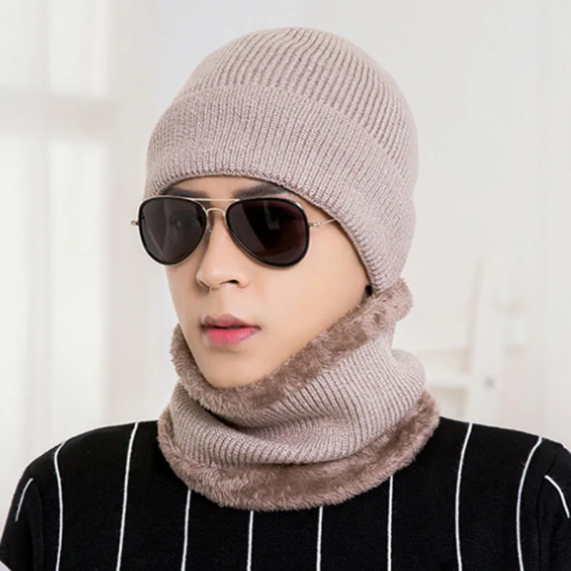 

Gloves Set Men Warm Hat Thick New Winter Solid Knit Beanie Scarf Touch Screen
