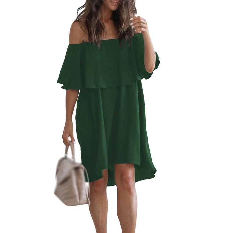 

2021 Summer Casual Loose Dark Green Lotus Leaf One-shoulder Lotus Sleeve Dress Women Femme vestido de mujer