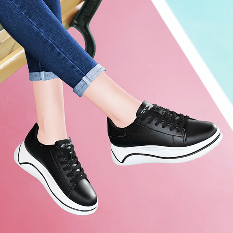 

autuspin New Sports Style Pumps Women Genuine Leather Round Toe Chunky Loafers Outside Casual Lace Up Platform Shoes Black White