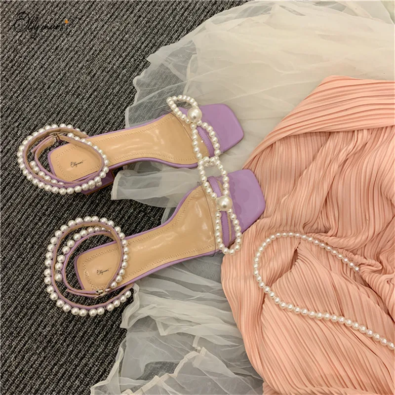 

OllyMurs New Fashion Style White Women Summer Sandals Open Toe Pearls Buckle Strap Thick High Heel Ladies Sandals Shoes Woman
