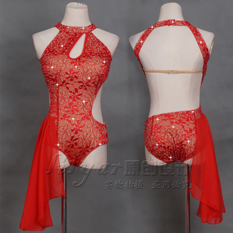 

New steel pipe dance skirt competition skirt performance Skirt Adult custom red lace backless sexy dance skirt