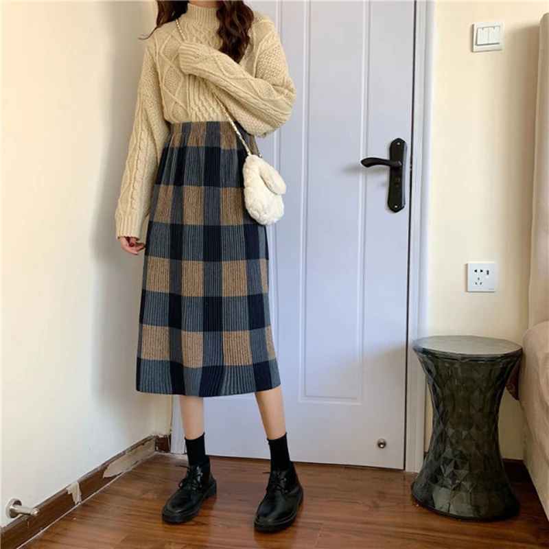

2021 Woolen Plaid Midi Long Pleated Skirt Women Autumn Winter Splicing Korean Mid-Length High Waist A Line Skirt Leisure Female