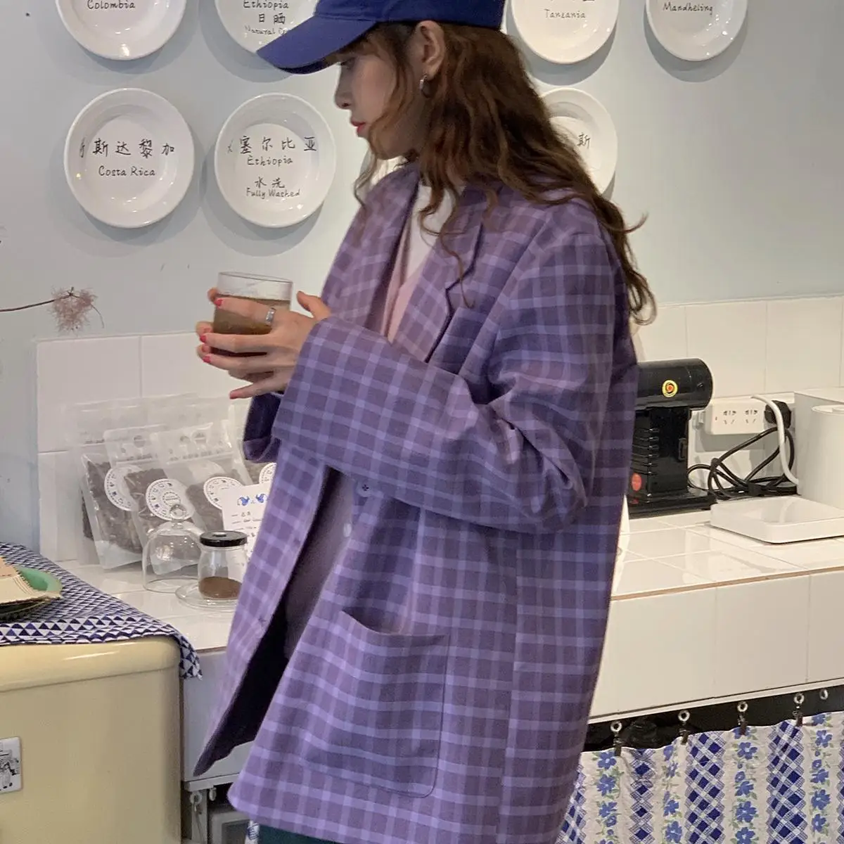 Пурпурный клетчатый блейзер для женщин милая уличная одежда универсальный