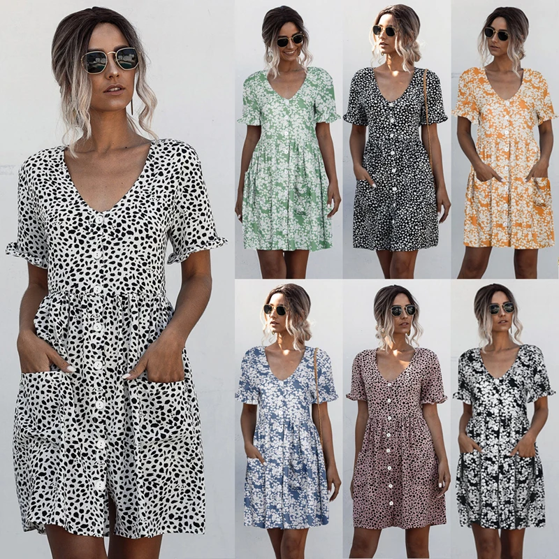 

Spring Polka Dot Casual Women's Dresses Single Breasted Pockets Decor Above Knee,Mini Dress Short Sleeve V-Neck Robe Femme