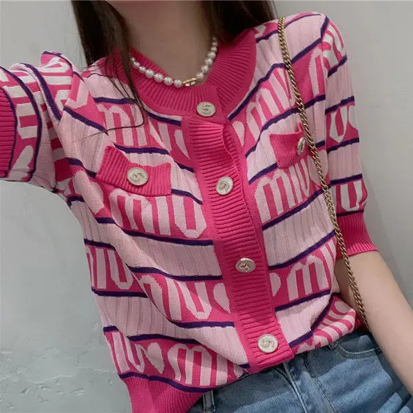 

Summer 2021 new tide ins short sleeve coat knitted cardigan women's temperament striped coat