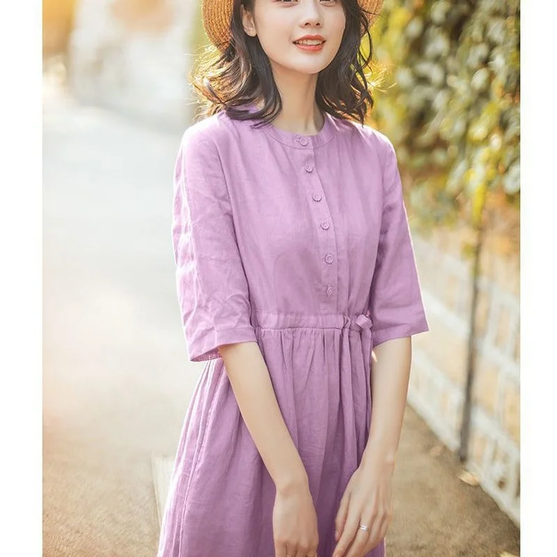 

2021 Summer Solid Long Shirt Dress Vintage Casual Cotton Linen Vestidos Women Half Sleeve Sundress Plus Size Dresses Y296