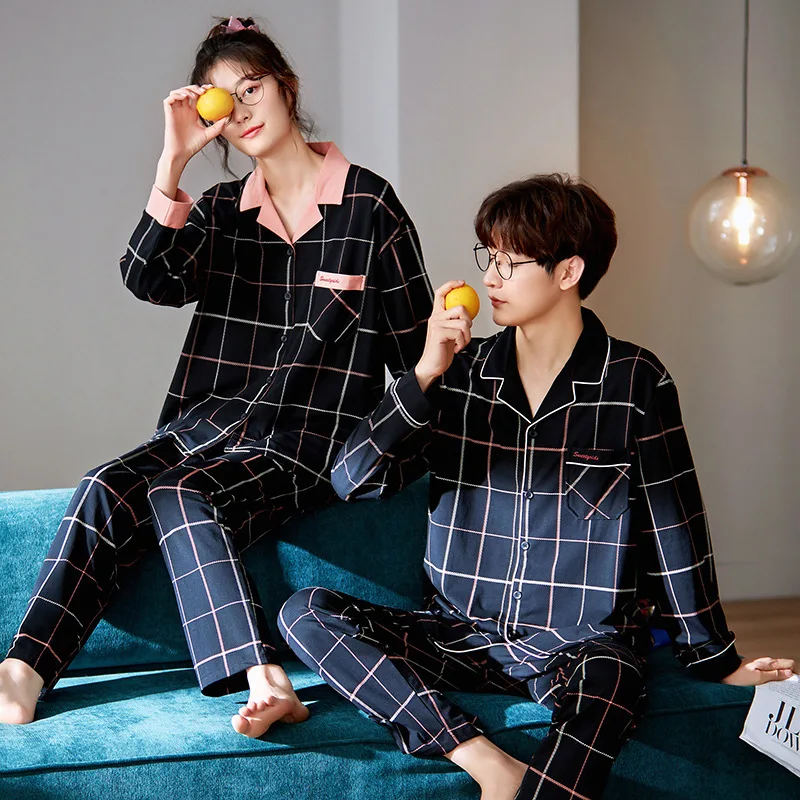 

Осенняя новая пижама в клетку для пары, Женский комплект из двух предметов с длинным рукавом, домашняя одежда, мужская свободная повседневн...