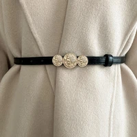 women thin belt female pu leather metal portrait coin buckle waist strap for trouser dress decoration designer black waistband