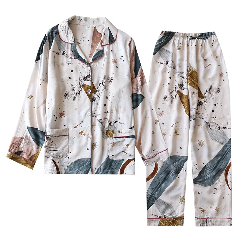 

Spring / Summer 2020 new 100% viscose long-sleeved trousers ladies pajamas suit simple style long pajamas women's home service