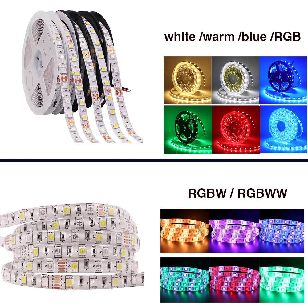 DC 12V 24V RGB RGBW RGBCCT LED Strip White / Warm IP21 IP65 IP67 60leds/m 5050 Flexible Tape Light Lamp 5m | Освещение