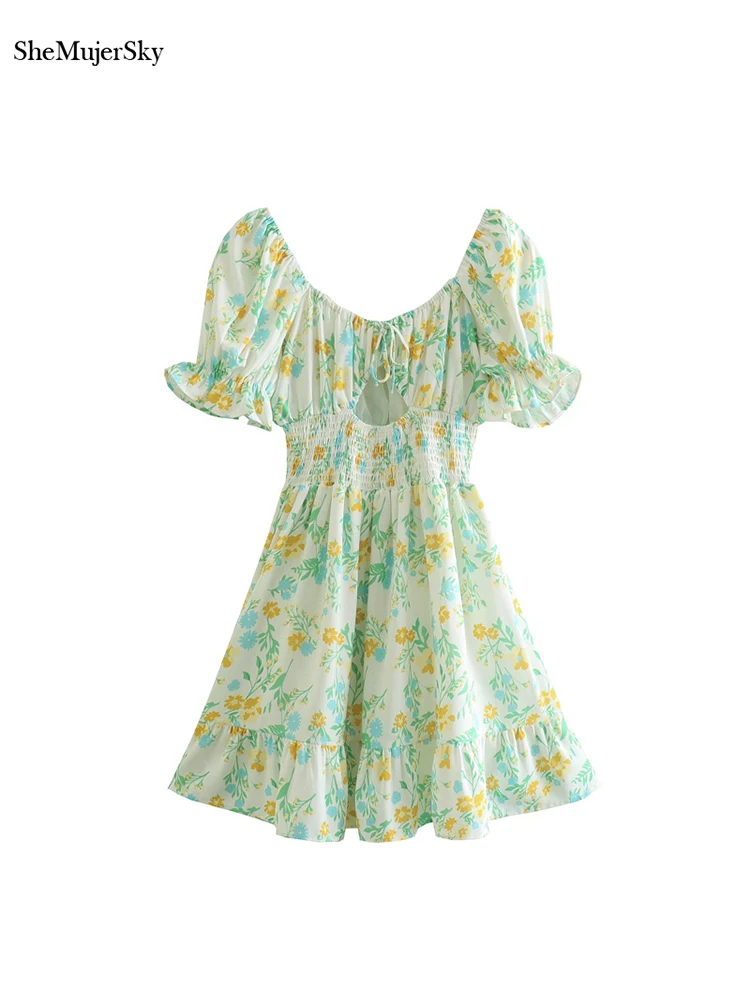 

SheMujerSky летнее сексуальное платье с квадратным вырезом, женские мини-платья с пышными рукавами и эластичной талией 2022, платье с цветочным при...