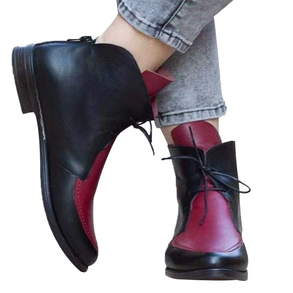 

New Arrival Color Blocks Women Pointed Toe Boots PU Leather Lace-up Low Heel Spring Winter Ankle Booties