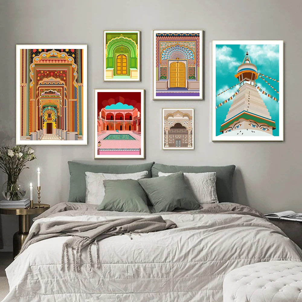 

Moroccan Wall Art Canvas Poster Pink Lotus Gate India Building Travel Print Decor Picture Painting Modern Mosque Monastery Decor