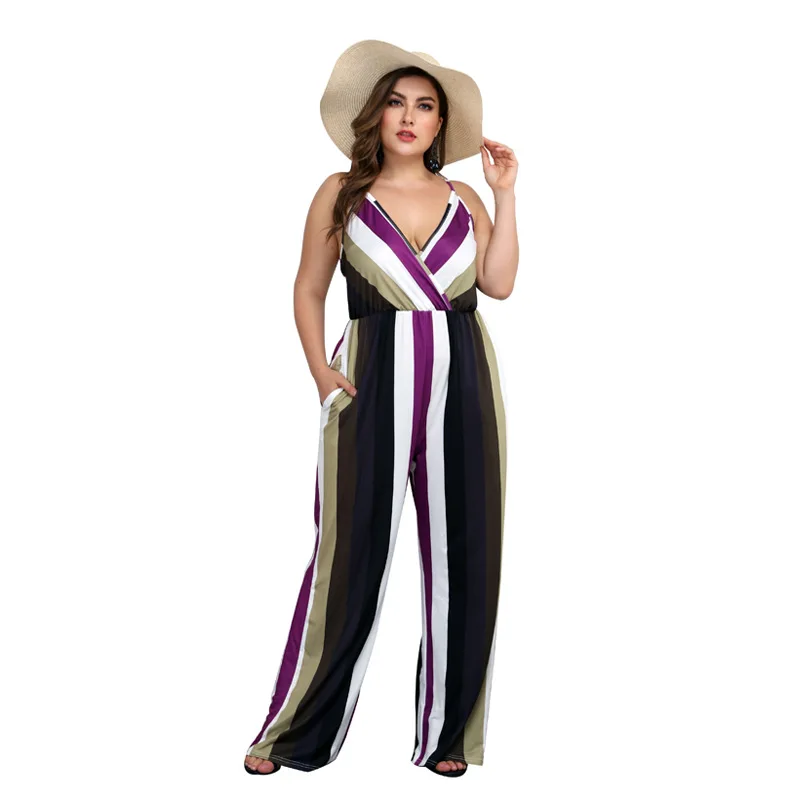 

Jumpsuits for Women2020 Large Size Women's Deep V Sexy Sling Stripe Slimming Jumpsuit Casual Trousers