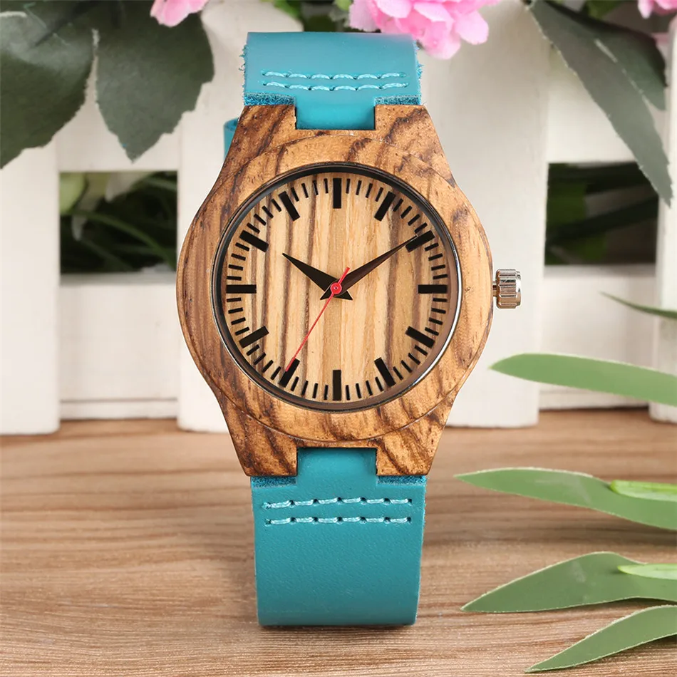 

Zebrawood Watch Case Ladies Quartz Wristwatch Fashion Blue Genuine Leather Watch Band Women's Red Seconds Dial Wooden Timepiece