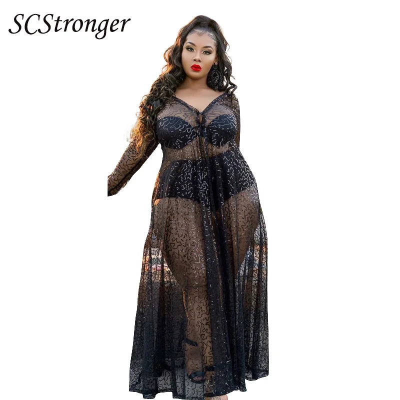 

Plus Size Dress Black Mesh Embroidered Bead Shawl Buckle Elegant Long Skirt Tulle See Through Vestidos De Mujer Casual Dress