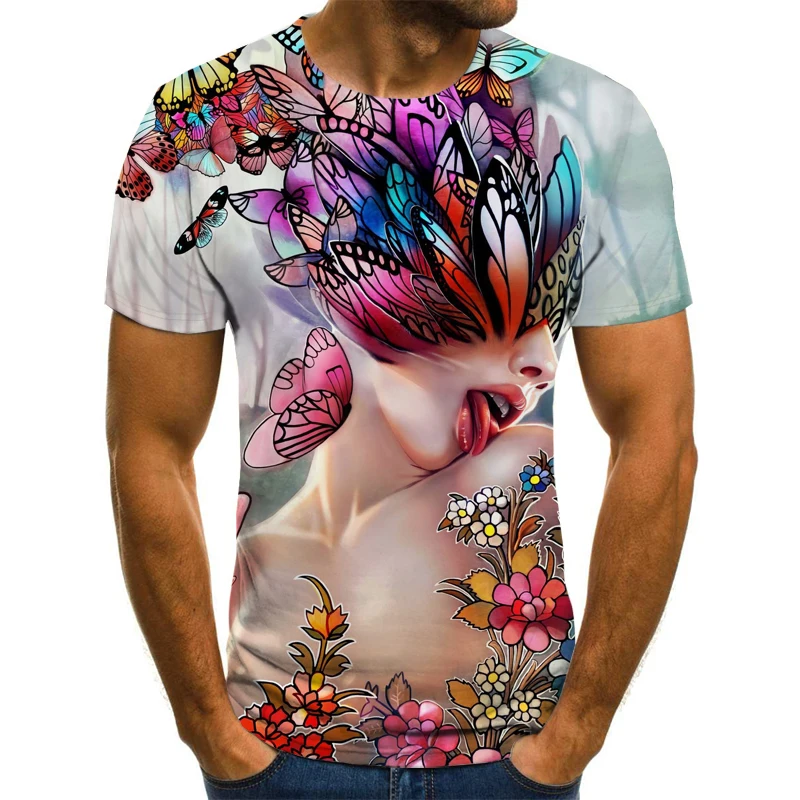 

2021 New Aurora Starry Sky Colorful Night 3D Printing Pattern Casual Street Punk Style Summer Fashion Round Neck Short Sleeve