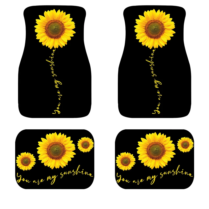 JUN TENG Black Background Sunflower Personality Printing Car Interior Design Accessories 4PCs Rubber Material Non-Slip Foot Mat