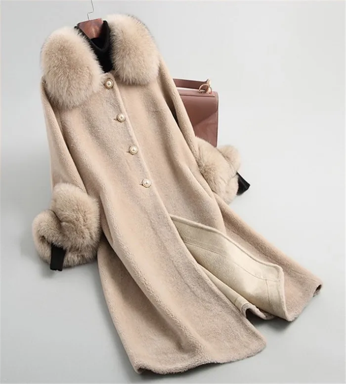 PUDI A19003 женская шуба из натуральной овечьей шерсти, женская шуба с лисьим воротником, зимняя теплая шуба из натурального меха, зимнее теплое пальто - Цвет: camel