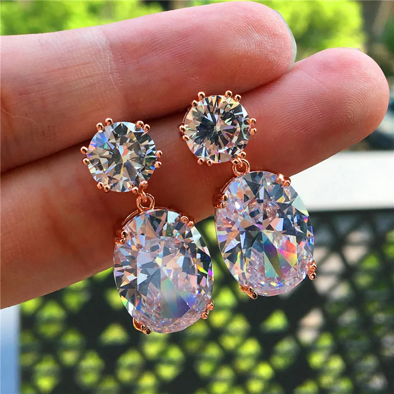 

Luxury Female Big Oval Zircon Stud Earrings Crystal Rose Gold Wedding Earrings Jewelry White Blue Stone Earrings For Women