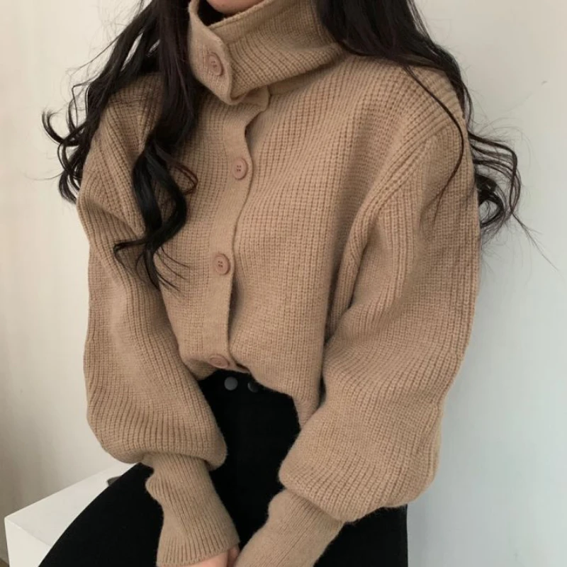 

Women's New Autumn and Winter Single Color Sweater Turtleneck Single Breasted Cardigan Lapel Long Sleeve Knit Jersey Tops