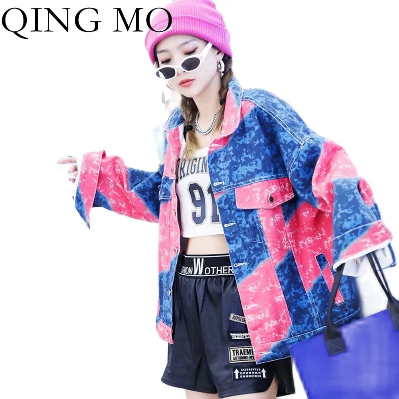 

QING MO Autumn Fashion Tie Dye Denim Jacket Women Loose And Thin 2021 New Contrast Color Cardigan Female Jacket Tops ZWL681