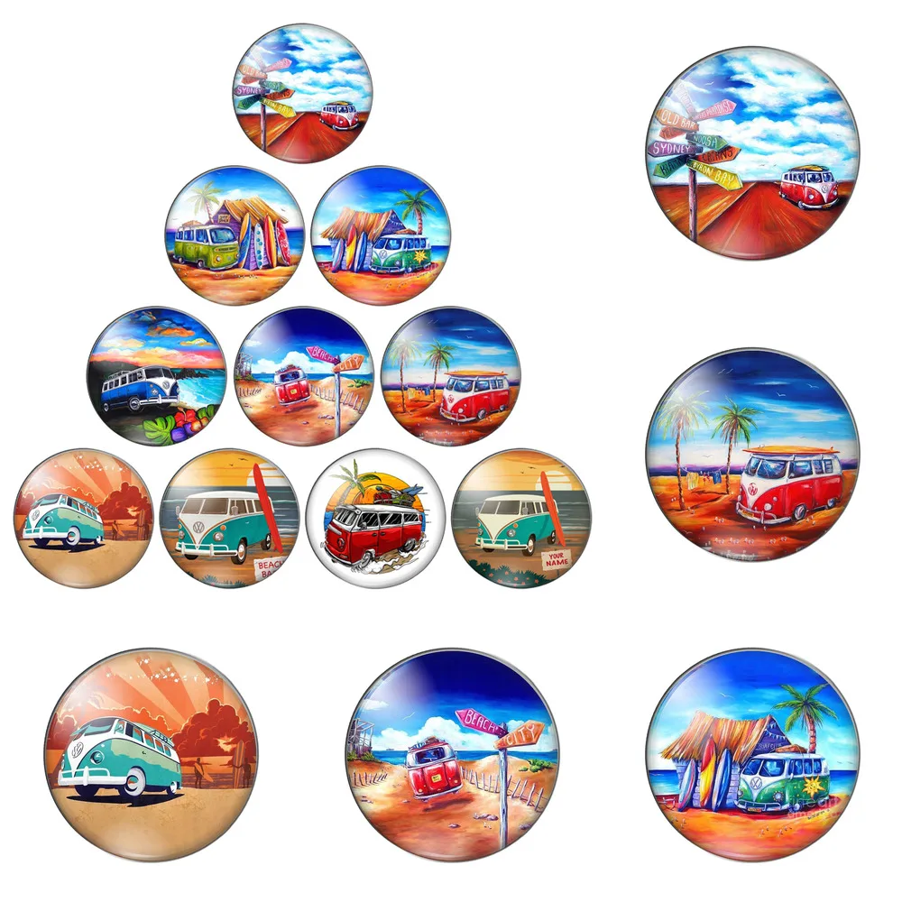 

12pcs/lot Colorful Road Leading Mark Bus Beach Mixed 12mm/20mm/25mm/30mm Photo Glass Cabochon Demo Flat Back Making Findings
