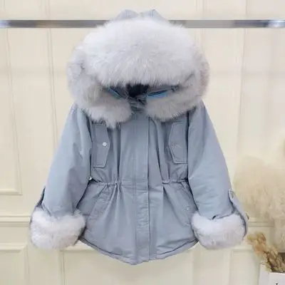 blue Женское короткое пуховое пальто с капюшоном с лисьим меховым воротником, верхняя одежда, зимняя Модная белая пуховая куртка, Свободные теплые толстые женские пальто - Цвет: blue