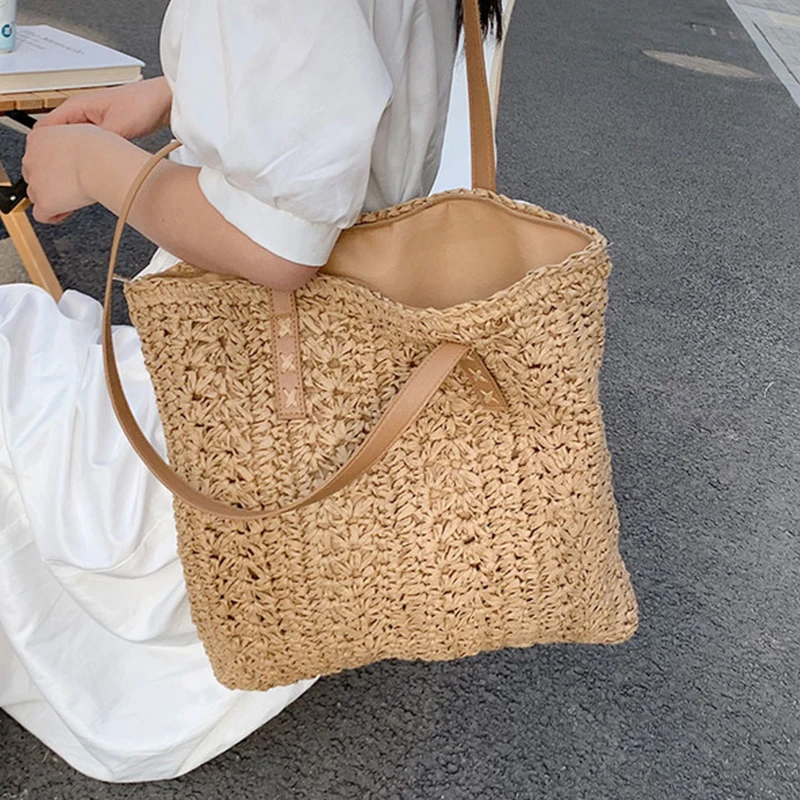 

Пляжная соломенная сумка ручной работы, квадратная Ажурная сумочка из рафии и ротанга, тоут для покупок в богемном стиле, лето