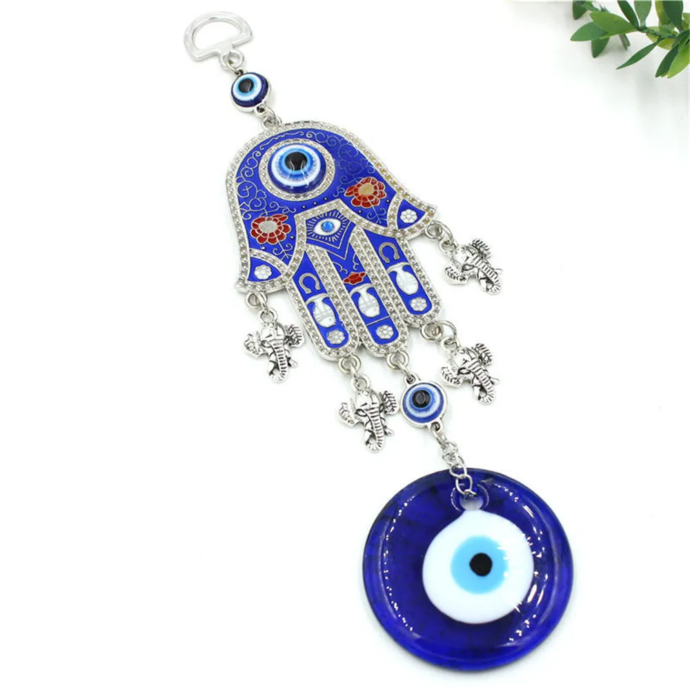 

Turkish Alloy Big Palm Blue Eye Pendant Glass Wall Hanging Demon Eyes Silver 4PC Elephant Heads Car Home Decorations