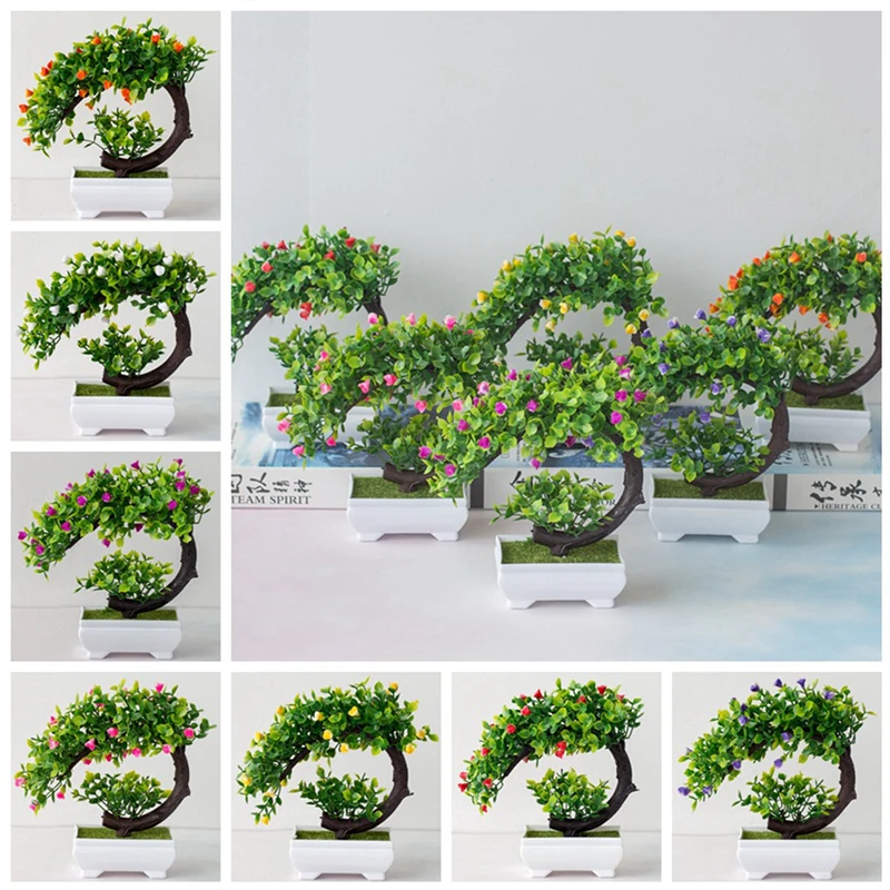 

Artificial Plants Plastic Potted Bonsai Green Small Tree Plants Fake Flowers Potted Ornaments for Home Decor Garden Hotel Potted