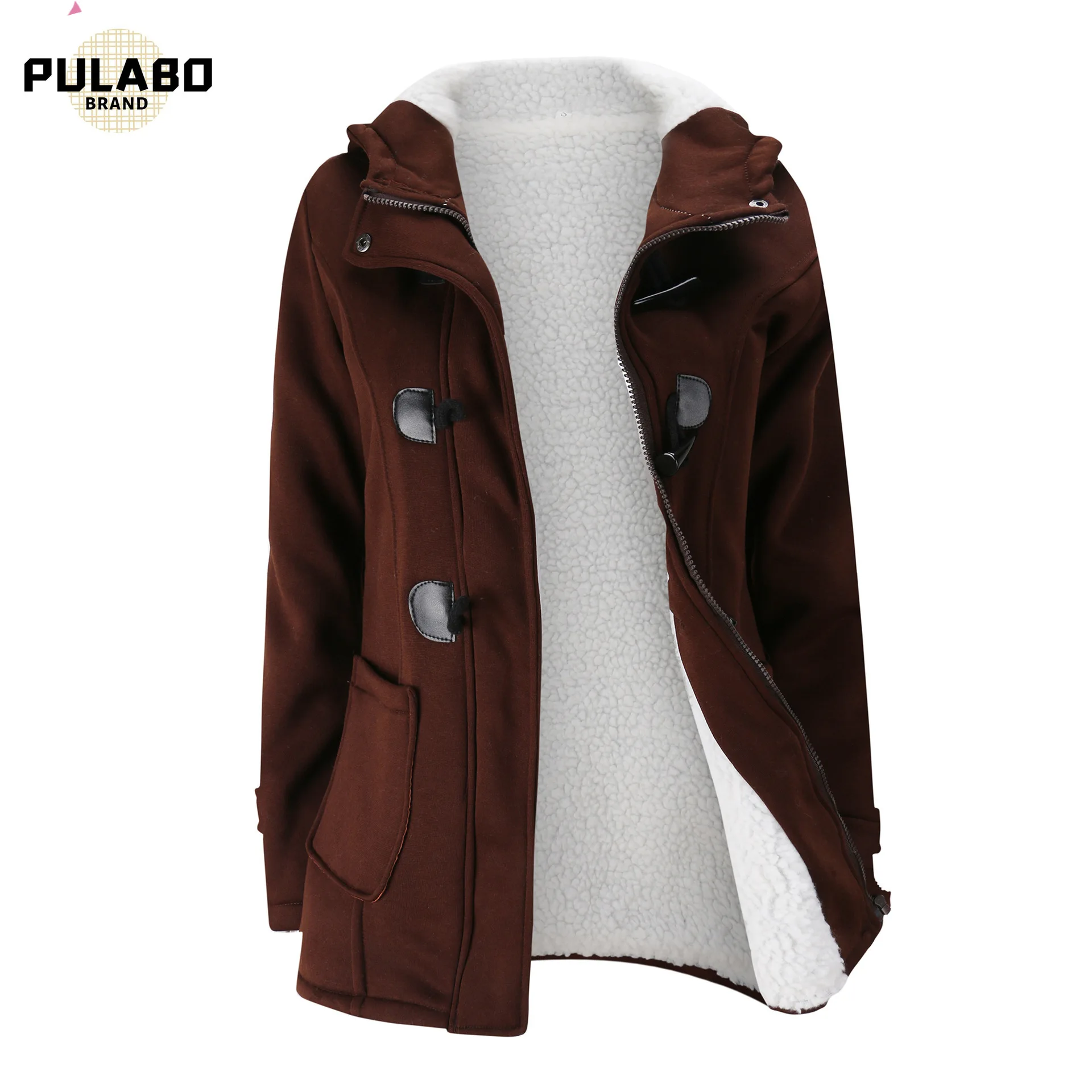 

Womens Winter Fashion Outdoor Warm Wool Blended Pea Coat Hooded Horn Buckle Thickening Cotton-padded Clothes Lambs Jacket
