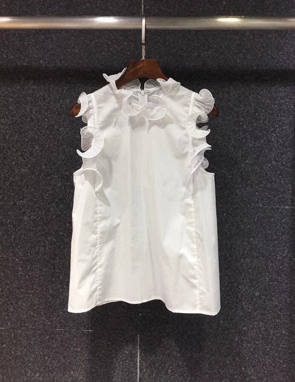 

2021 new women fashion pleated irregular wood ear stitching decoration pure color sleeveless all-match top 501