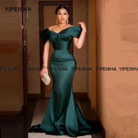yipeisha off shoulder evening dress mermaid floor length sweep train emerald green satin long prom party gown robes de soiee