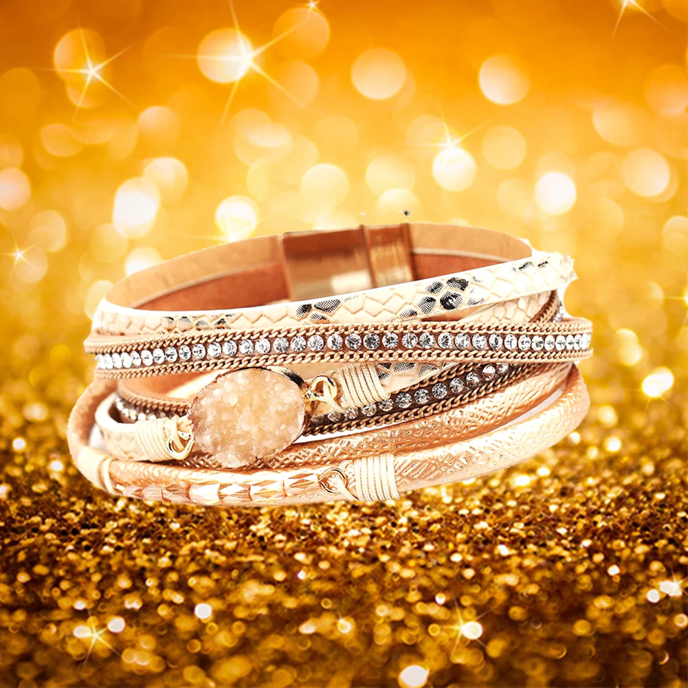 Камень подарок уникальный браслет несколько слоев PU кожаный женский