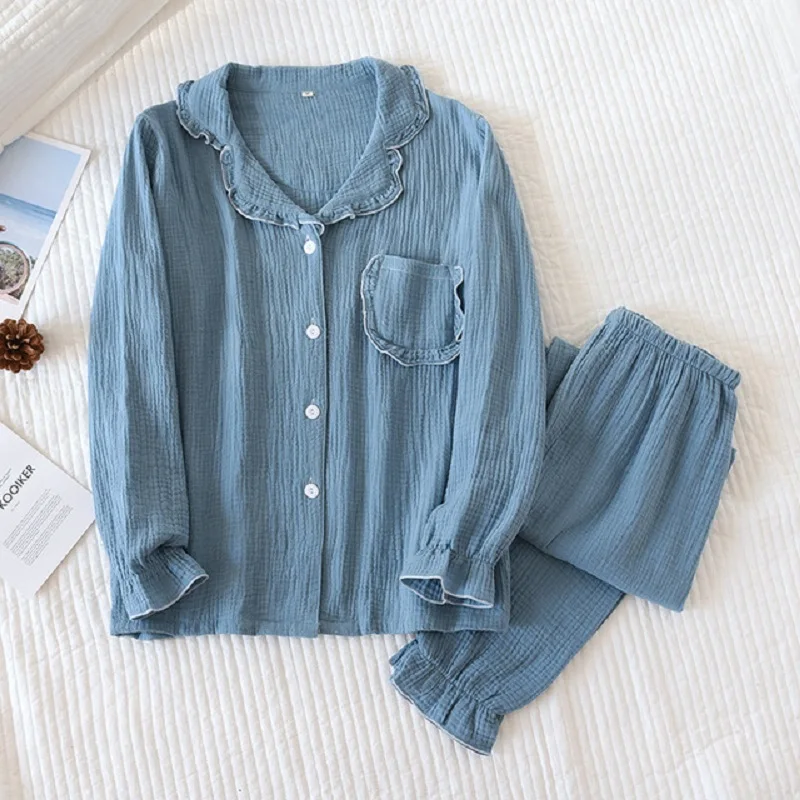 

Spring Autumn Solid Color Pajama Set Women Soft Gauze Cotton Full-Sleeve 2Pcs Macaron Color Turn-Down Collar Household Sleepwear
