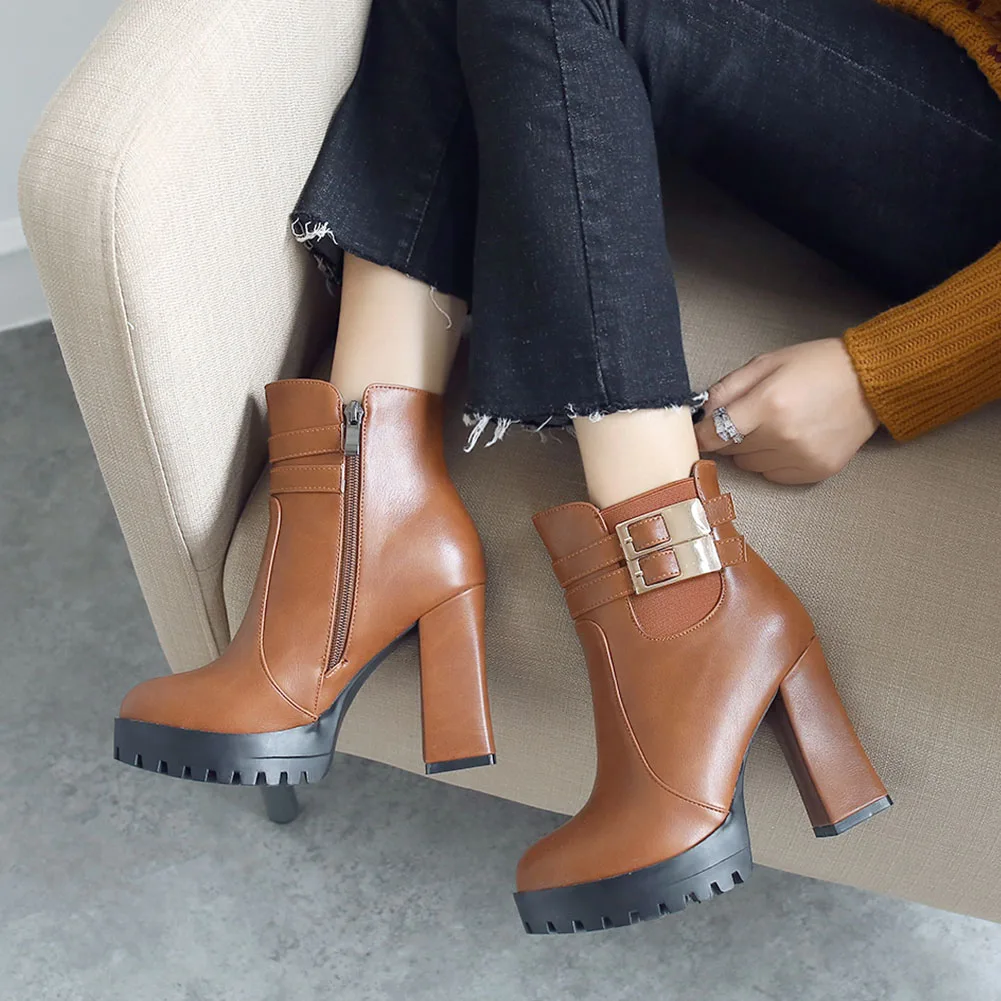 

Female Motorcycle Boots Comfy Rubber Super High Heels Ankle Boots Buckle Strap Fashion Brand New women's Shoes High Quality