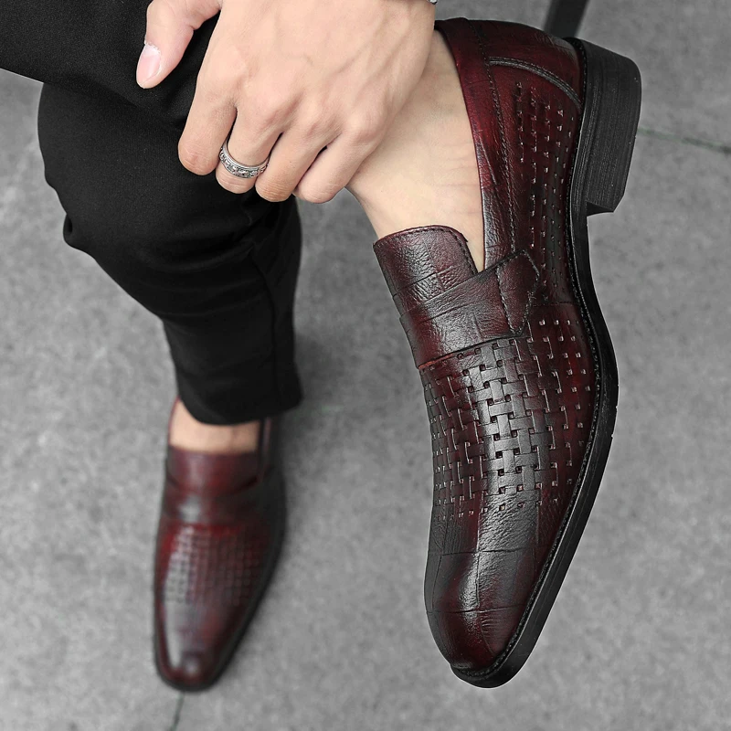 

Men Dress Italian Shoes Black Slip-on Man Shoes Leather Genuine Spring Autumn Hollow Crocodile Grain Multiple styles C4