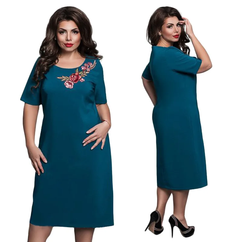 Office Lady Big Size Dress Fashion Summer Embroidery Flower Midi Dresses Women's Plus Elegant Straight Large 6XL | Женская одежда