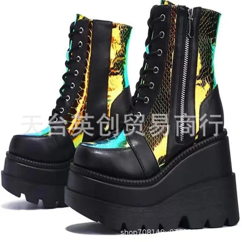 

Big boots 2020 new round toe slope heel short and medium boots women's single shoes